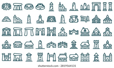 Vector line icon set featuring megalithic monuments, stone circles, dolmens, ancient ruins, medieval castles, historical church buildings, stone arches, towers, and traditional cottages.