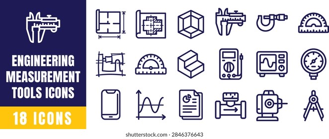 Vector line icon set featuring engineering measurement tools, precision calipers, micrometer, drafting instruments, multimeter, blueprint, and technical testing devices.

