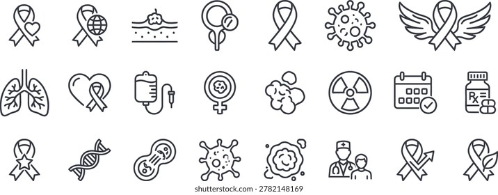 Vector line icon set focused on oncology, cancer awareness, and medical treatment. Includes minimalist outline symbols of various support ribbons, chemotherapy IV drip, radiation therapy, lung cancer, abnormal cell division, tumor growth, prescription medicine, and DNA strands. Clean, isolated design on a white background for healthcare, medical research, and advocacy campaign layouts.