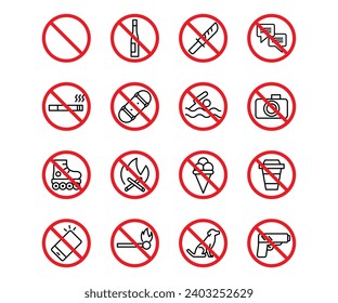 Icono de línea del vector conjunto de signo prohibido. Diseño de trazo de contorno en las reglas de elección de círculo rojo y pictograma. Contrato cerrado de advertencia y protección de la información o riesgo de peligro.
