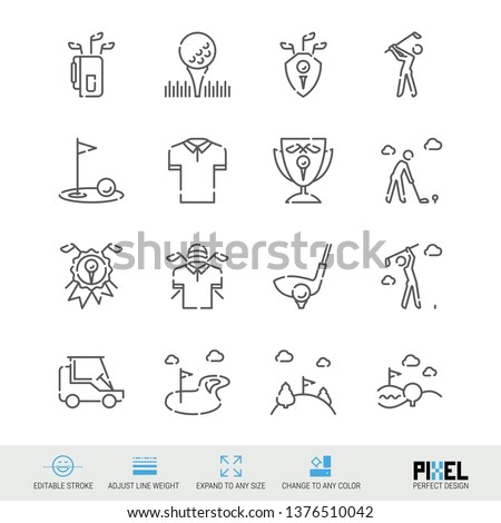 Vector Line Icon Set. Golf Related Linear Icons. Country Club Symbols, Pictograms, Signs. Pixel Perfect Design. Editable Stroke. Adjust Line Weight. Expand to Any Size. Change to Any Color.