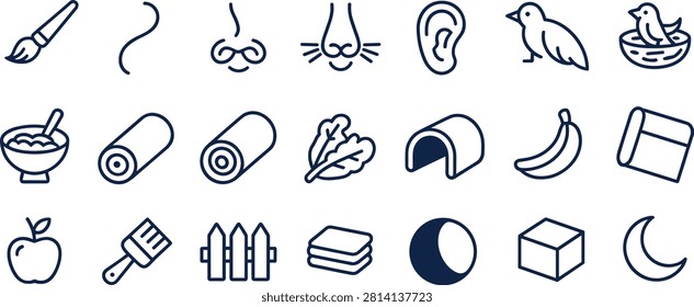 Vector line icon set including paint brush, bird nest, apple, moon, banana, nose, ear, globe and wooden fence, isolated white background.