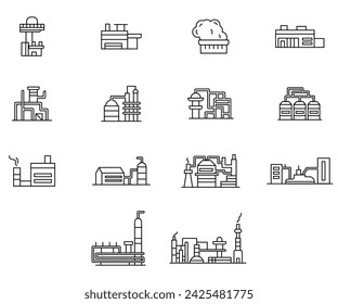 Vector line icon set industry building. Business outline factory construction and warehouse manufacturing. Energy tower and power exterior building structure