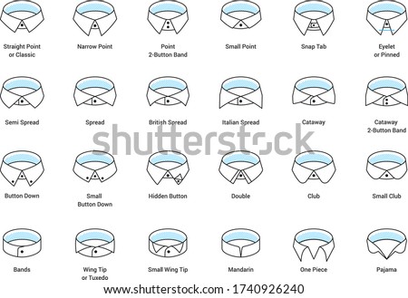 Vector line icon set of men's shirt collar styles, editable strokes. Illustration for style guide of formal male dress code for menswear store. Different collar models: tuxedo, spread, button down.