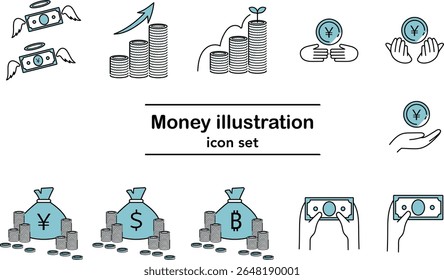 Vector line icon set of money, finance, and investment concepts including yen, dollar, bitcoin, savings, and growth, isolated on white background
