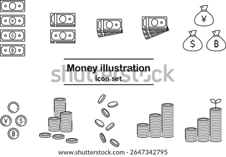 Vector line icon set of money and currency on white background｜banknotes, coins, currency bags, yen, dollar, bitcoin