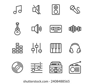 Vector line icon set music. Technology outline multimedia sign and digital media record. Collection element audio equipment instrument isolated and setting voice shape