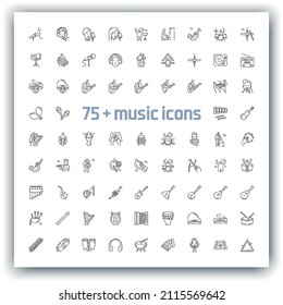 Vector line icon set of musicians playing different musical instruments