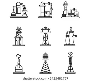 Vector line icon set oil industry building. Factory engineering symbol and outline manufacturing station. Chemical power industrial storage and warehouse gasoline pipe