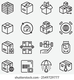 Vektorlinien-Symbolsatz für die Paketbehandlung und Logistik: Umweltfreundlich, inventarisierend, global, fragil und temperaturempfindlich