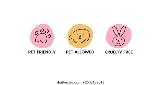 Vector line icon set pet friendly, pet allowed and cruelty free. Outline symbols