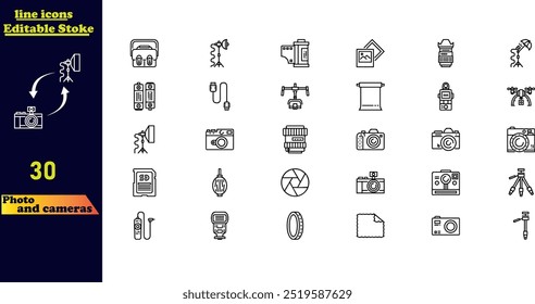 Vector line icon set for photography and cameras, including symbols for portraits, family photos, cameras, film, files, and more. Editable stroke icons.