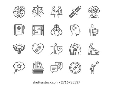 Conjunto de iconos de línea de Vector para la psicología, la salud mental y el crecimiento personal. 20 símbolos minimalistas de contorno negro que representan la terapia, la curación, la Asistencia, la mentalidad y el desarrollo sobre fondo blanco.