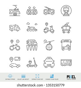 Vector Line Icon Set. Public Transport Linear Icons. City Vehicles Symbols, Pictograms, Signs. Pixel Perfect Design. Editable Stroke. Adjust Line Weight. Expand to Any Size. Change to Any Color.