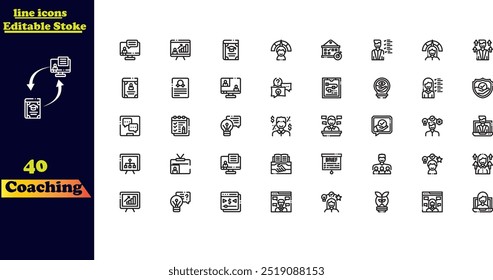 Vector line icon set related to mentoring, persistence, determination, goal-setting, workshops, and professional counseling services.