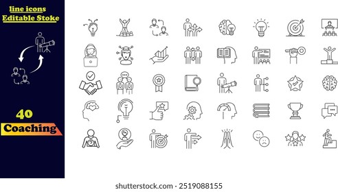 Vector line icon set related to mentoring, persistence, determination, goal-setting, workshops, and professional counseling services.