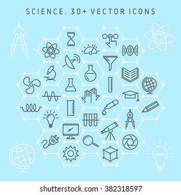 Vector Line Icon Set Of Science Lab And Scientific Research Equipment. Medical Laboratory And Symbols Collection: Atom, Molecule, Microscope, Chemical Lab, Gene, Globe, Telescope, Electronics, Etc.