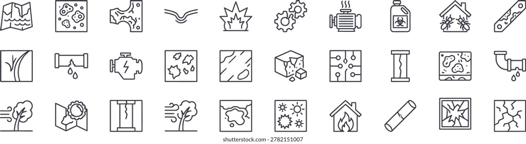Vector line icon set showcasing property damage, structural wear, and mechanical failure. Includes minimalist outline symbols of cracked glass, broken pipes, surface rust, corrosion, engine overheating, insect infestation, broken gears, shattering, and environmental degradation. Clean, isolated design on a white background for insurance claims, home inspection, and maintenance service layouts.