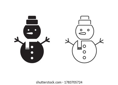 Vektorliniensymbol-Set mit Schneemann mit Hut und Schal