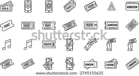 Vector Line Icon Set of Tickets, Event Admissions, Coupons, Movie Theater Passes, and Digital Mobile Vouchers for Travel and Entertainment