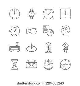 Vector Line Icon Set. Time Related Linear Icons. Clock Symbols, Pictograms, Signs. Pixel Perfect Design. Editable Stroke. Adjust Line Weight. Expand to Any Size. Change to Any Color.