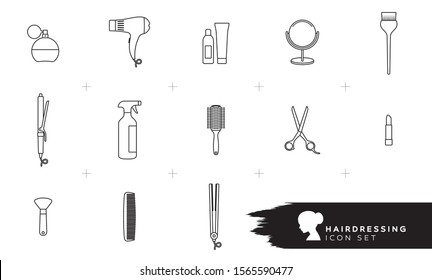 Vector line icon set tools ladies hairdresser - salon. Isolated on white background.