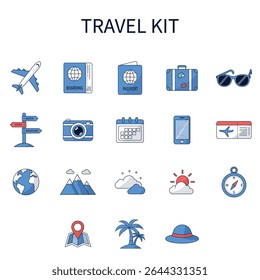 Vector line icon set for travel, including airplane, passport, suitcase, map, and more. Perfect for travel agencies, apps and websites needing visuals for holidays, adventure, and exploration.
