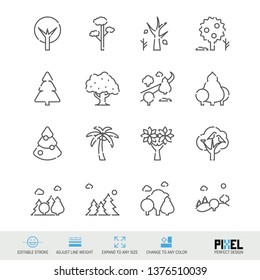 Vector Line Icon Set. Trees Related Linear Icons. Forest Symbols, Pictograms, Signs. Pixel Perfect Design. Editable Stroke. Adjust Line Weight. Expand to Any Size. Change to Any Color.