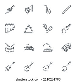 Vector line icon set of variable musical instruments isolated on transparent background