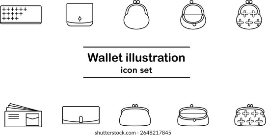 Conjunto de ícones de linha de vetor de vários estilos de carteira, incluindo bolsas de fecho, carteiras longas e desenhos minimalistas isolados no fundo branco