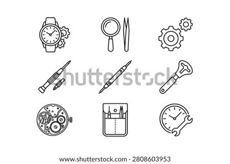 Vector line icon set of watchmaker tools, clock maintenance, gears, watch repair equipment, and mechanical watch internal parts isolated on a white background.