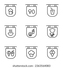 Vector line icon set for web sites, stores, banners, infographic. Signs of food and drinks on signboard 