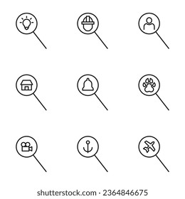 Vector line icon set for web sites, stores, banners, infographic. Signs of lamp, builder, user, house, ring, paw, camera, anchor, plane in loupe 