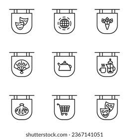 Vector line icon set for web sites, stores, banners, infographic. Signs of theatrical masks, planet, fan, trolley, restaurant on signboard 