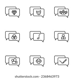 Vector line icon set for web sites, stores, banners, infographic. Signs of diamond, theatrical mask, flower, musical note, seashell in speech bubble 