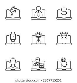Vector line icon set for web sites, stores, banners, infographic. Signs of paint roller, worker, dollar, wristwatch, camera, alarm clock, it on laptop  