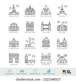 Vector Line Icon Set. World Sights Related Linear Icons. Old Landmarks Symbols, Pictograms, Signs. Pixel Perfect Design. Editable Stroke. Adjust Line Weight. Expand to Any Size. Change to Any Color.