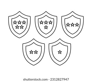 Vector line icon of shields with varying number of stars representing protection levels