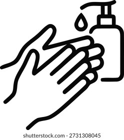 Vector line icon showing hands applying sanitizer or liquid soap from a bottle. Concept for hygiene, disinfection, and health safety.