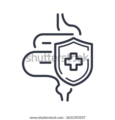 A vector line icon shows intestines protected by a shield with a medical cross. Gut health defense and gastrointestinal system protection.