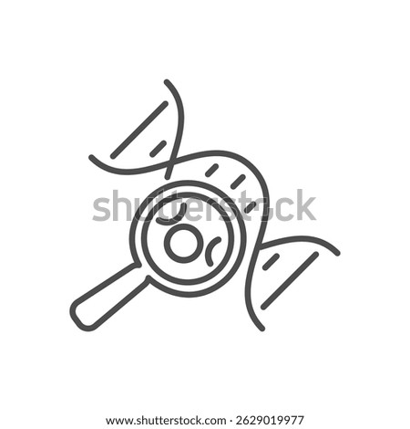 Vector line icon shows a magnifier over a DNA helix. This graphic represents genetic research and analysis of its molecular makeup.