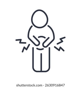 Um ícone de linha de vetor mostra uma pessoa segurando seu estômago com símbolos de dor irradiando. Representa dor de estômago e desconforto abdominal.