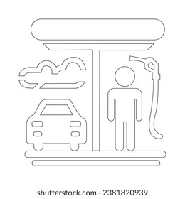 
Vector line icon of a small car and a man at a petrol station; linear concept; outline sign; symbol .eps