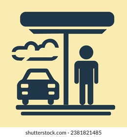 
Vector line icon of a small car and a man at a petrol station; linear concept; outline sign; symbol.