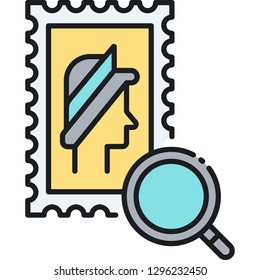 Vector line icon of a stamp and magnifying glass. Stamps collector illustration concept.
