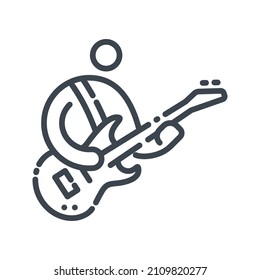 Vector line icon of strings musical instrument icon. Guitar with musician playing on it isolated on transparent background.