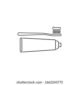 Vector line icon toothbrush and toothpaste. Black silhouette isolated 