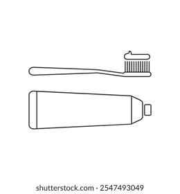 Vector line icon toothbrush and toothpaste. Black silhouette isolated 