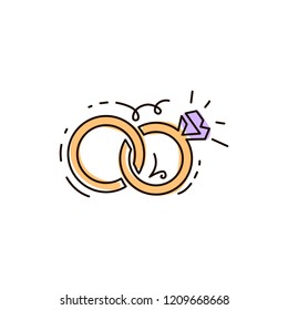 Vector Line Icon. Two rings together. Wedding. One line drawing. Isolated on white background. Continuous single one drawn line