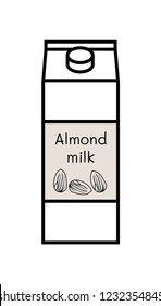 Vector line icon of vegan almond milk isolated on a white background. Plant based non dairy alternative. Black icon of carton box with screw cap and with label where is illustration of almonds.